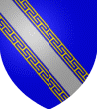 D'azur à la bande d'argent accompagnée de 2 cotices potencées et contrepotencées d'or de 13 pièces